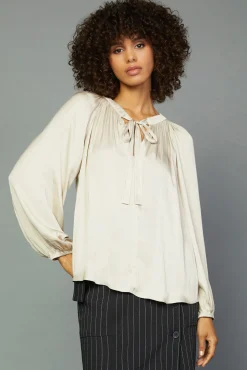 Online Gathered Bow Tie Blouse Women Long Sleeve Tops