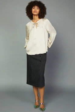 Online Gathered Bow Tie Blouse Women Long Sleeve Tops