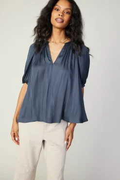 Outlet Gathered Neckline Blouse Women Short Sleeve Tops
