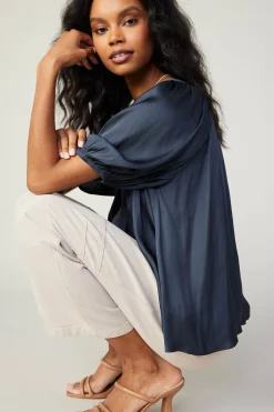 Outlet Gathered Neckline Blouse Women Short Sleeve Tops