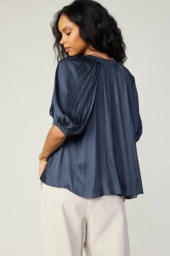 Outlet Gathered Neckline Blouse Women Short Sleeve Tops