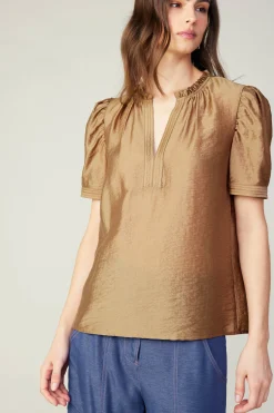 Online Gathered Sleeve Blouse Women Short Sleeve Tops
