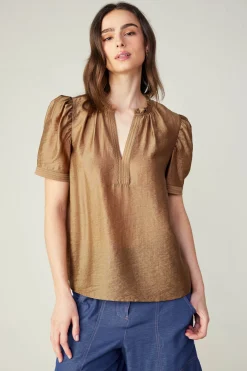 Online Gathered Sleeve Blouse Women Short Sleeve Tops