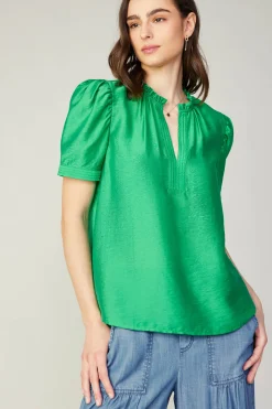 Fashion Gathered Sleeve Blouse Women Short Sleeve Tops