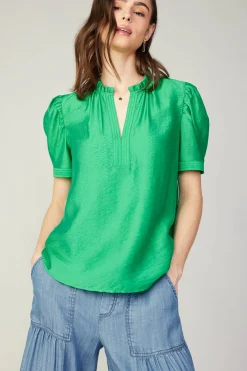 Fashion Gathered Sleeve Blouse Women Short Sleeve Tops