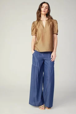 Online Gathered Sleeve Blouse Women Short Sleeve Tops