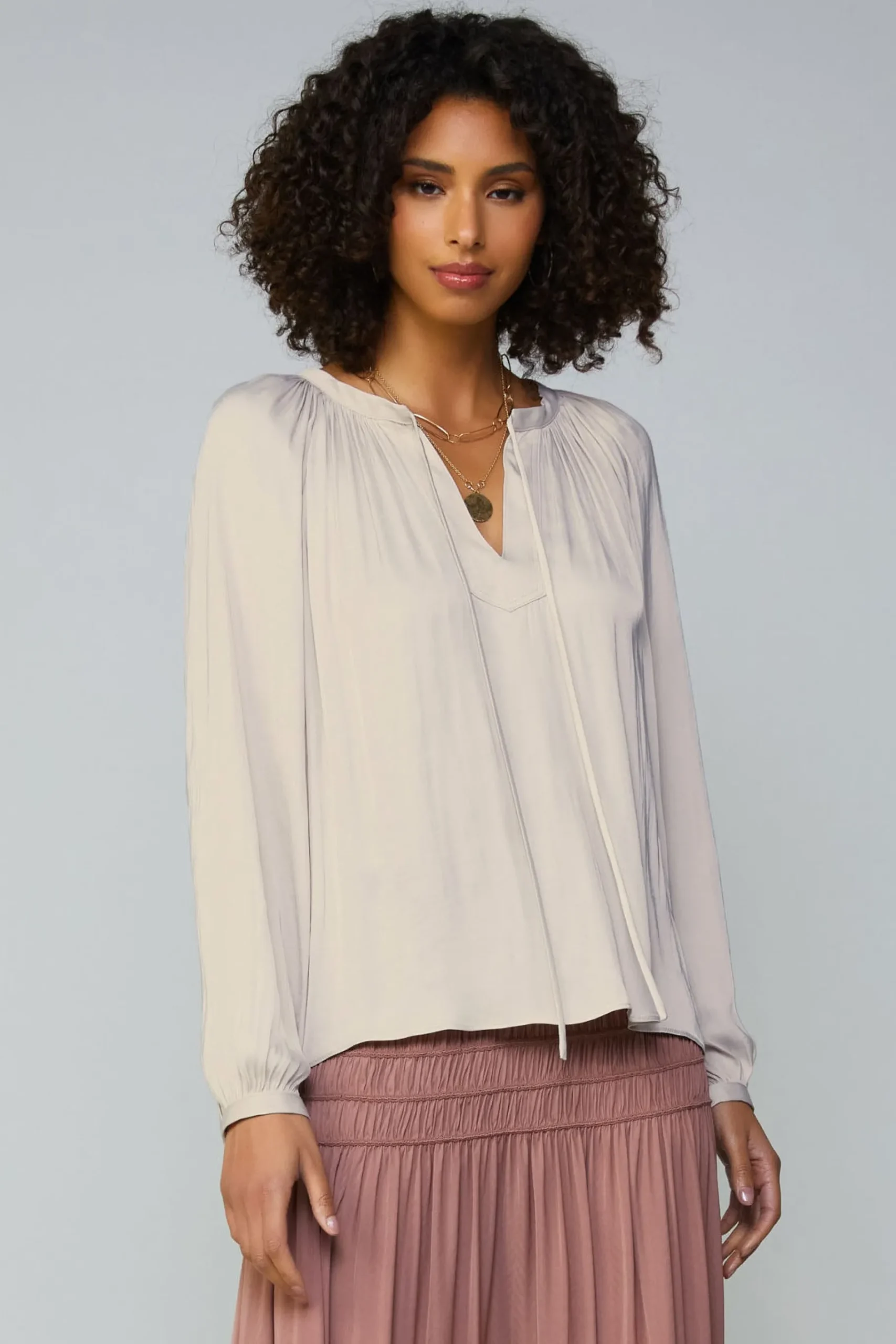 Hot Gathered Split Neck Blouse Women Long Sleeve Tops