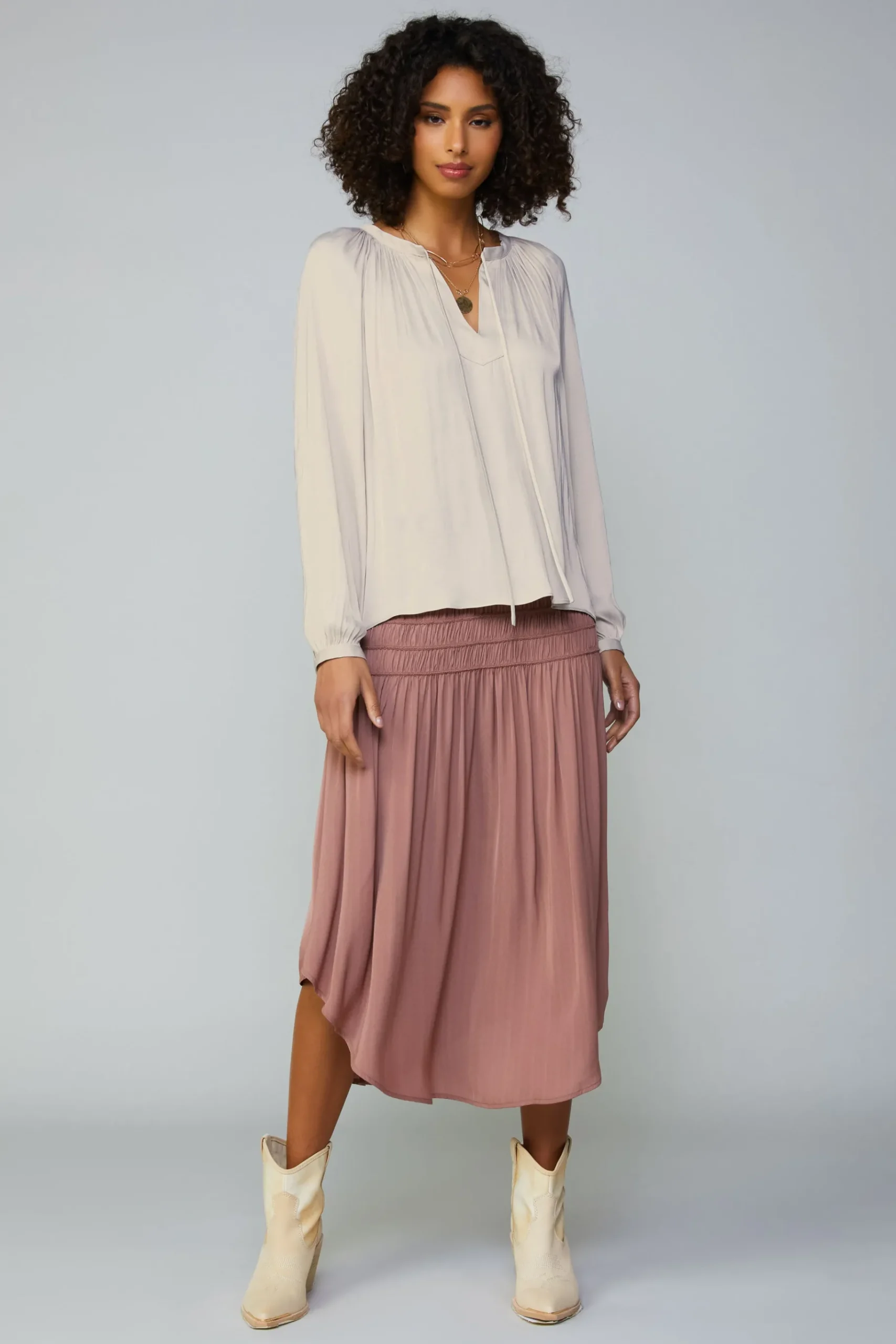 Hot Gathered Split Neck Blouse Women Long Sleeve Tops