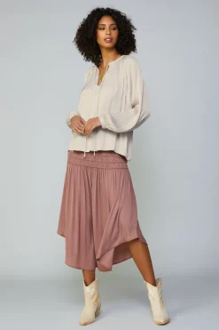 Hot Gathered Split Neck Blouse Women Long Sleeve Tops