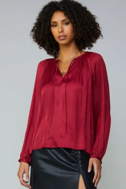 Outlet Gathered Splitneck Blouse Women Long Sleeve Tops