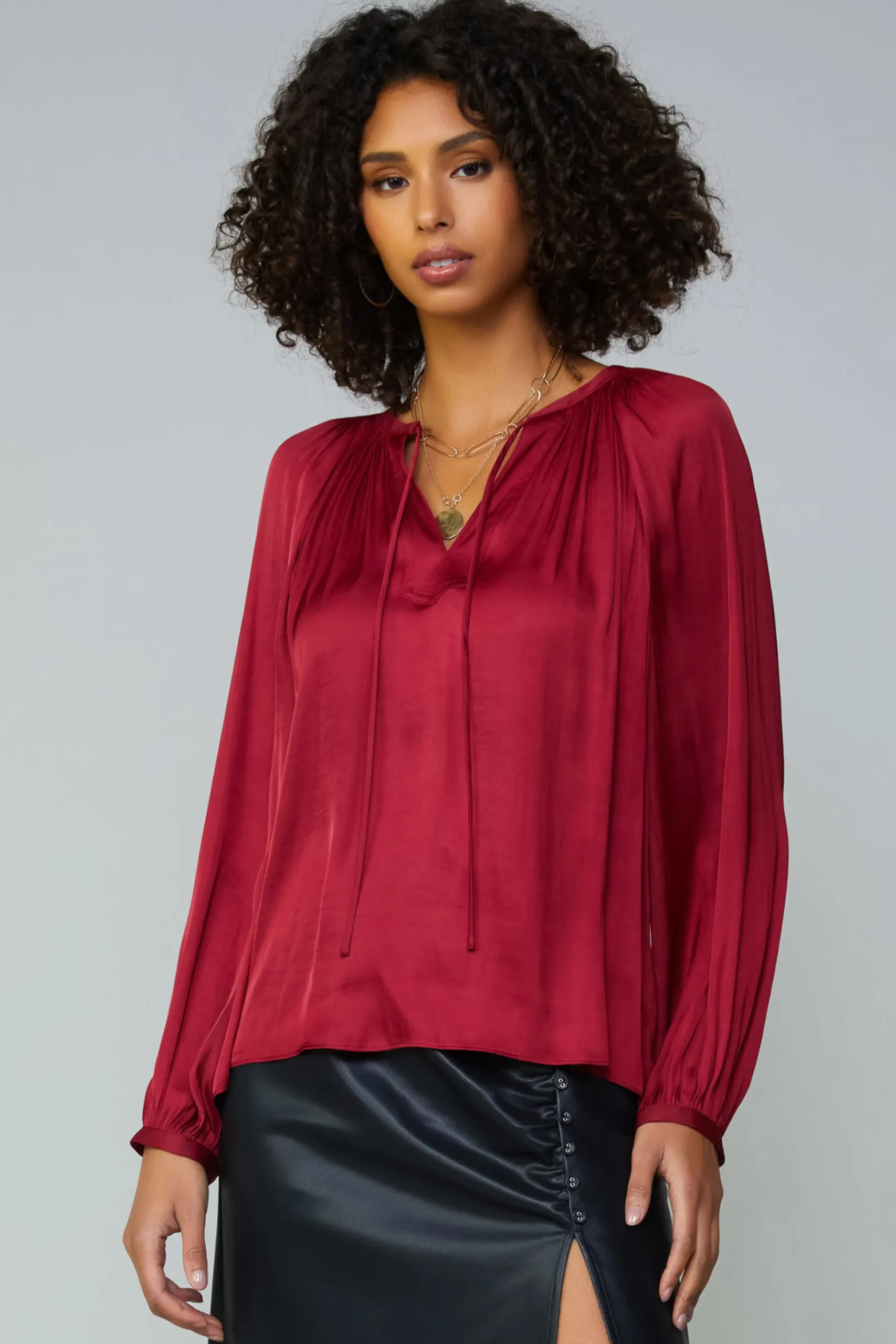 Outlet Gathered Splitneck Blouse Women Long Sleeve Tops