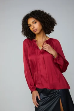 Outlet Gathered Splitneck Blouse Women Long Sleeve Tops