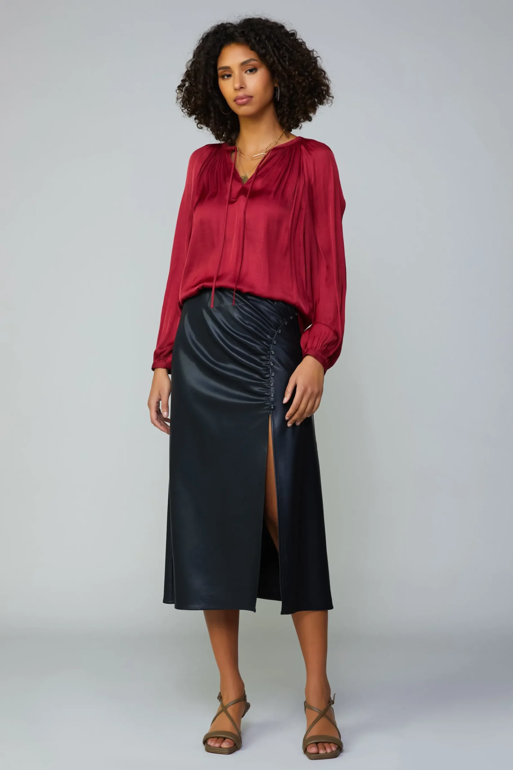 Outlet Gathered Splitneck Blouse Women Long Sleeve Tops