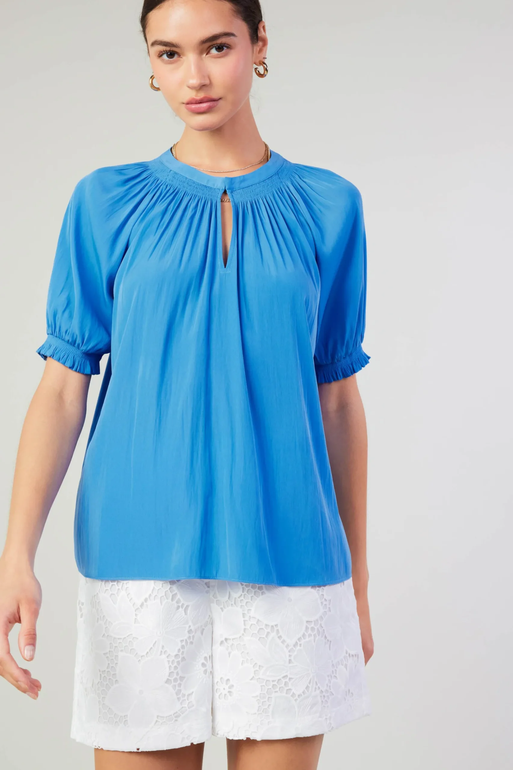Sale Gathered Yoke Blouse Women Short Sleeve Tops