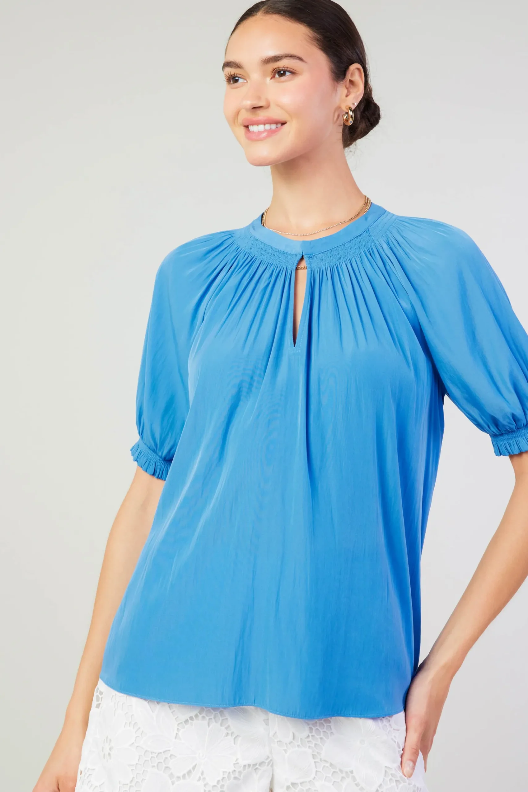 Sale Gathered Yoke Blouse Women Short Sleeve Tops