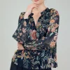 Best Glimmer Botanical Pleated Blouse Women Long Sleeve Tops