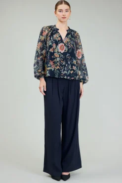 Best Glimmer Botanical Pleated Blouse Women Long Sleeve Tops