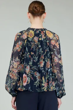 Best Glimmer Botanical Pleated Blouse Women Long Sleeve Tops