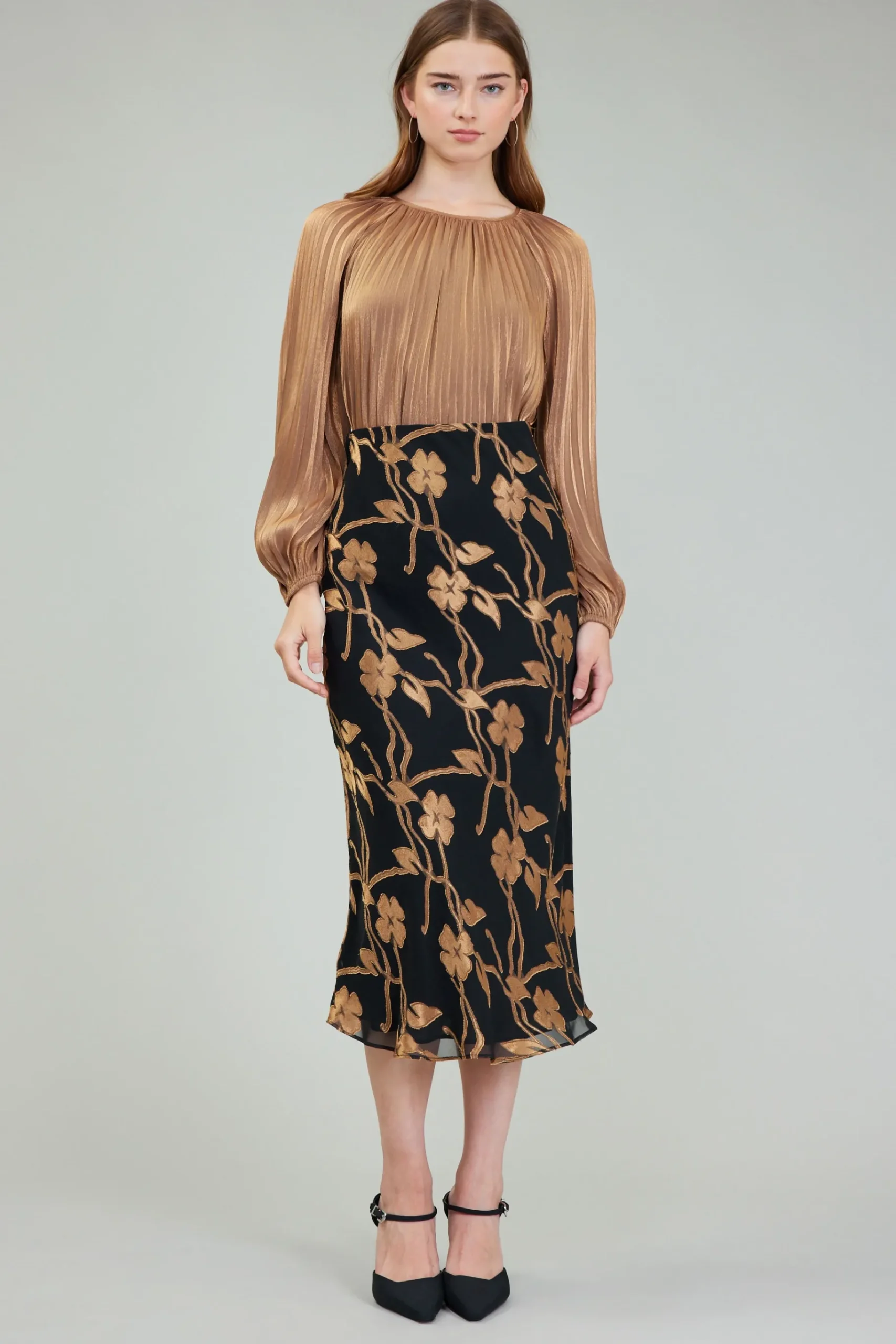 Best Gold Floral Midi Skirt Women Skirts