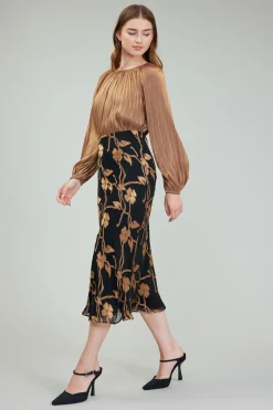 Best Gold Floral Midi Skirt Women Skirts