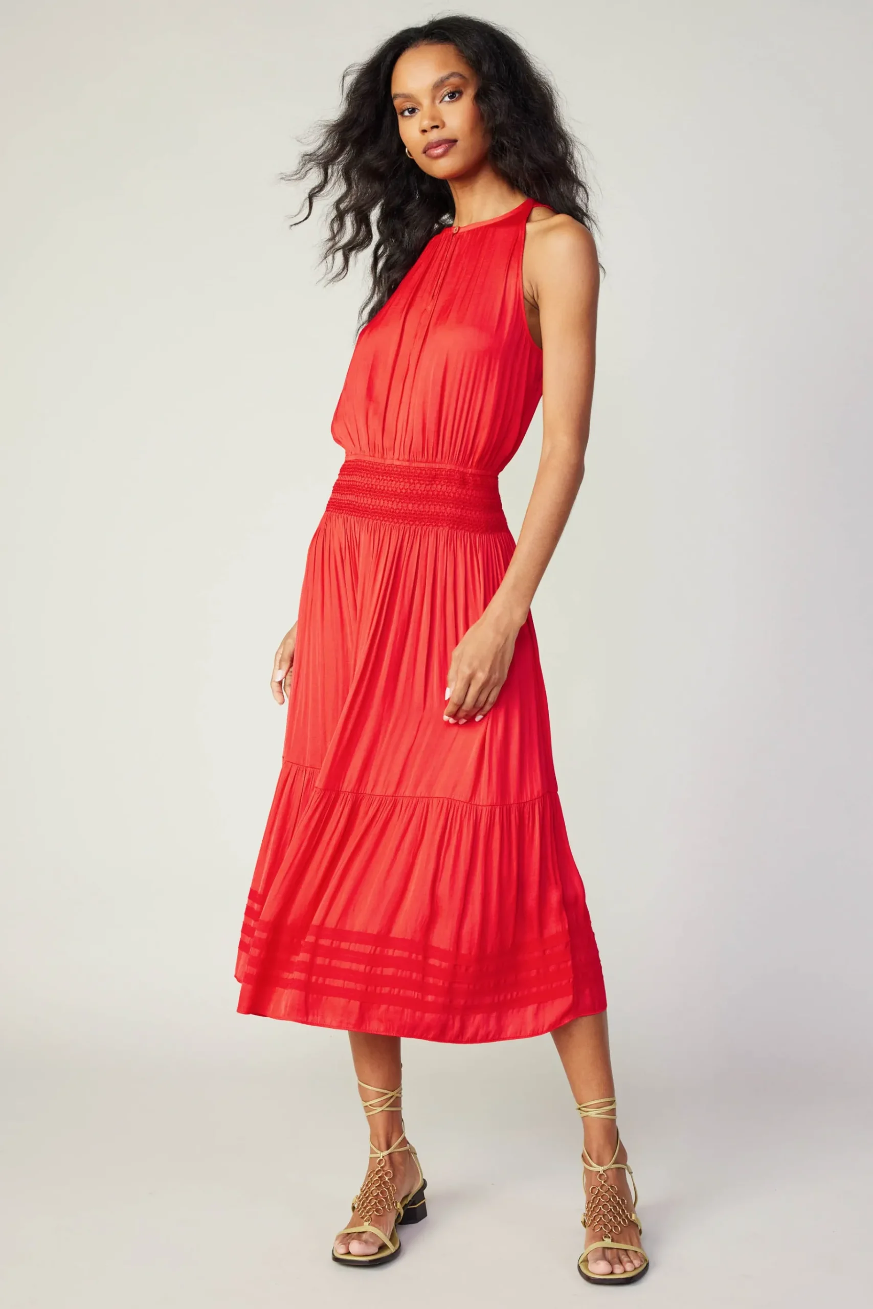 New Halter Smocked Midi Dress Women Midi Dresses
