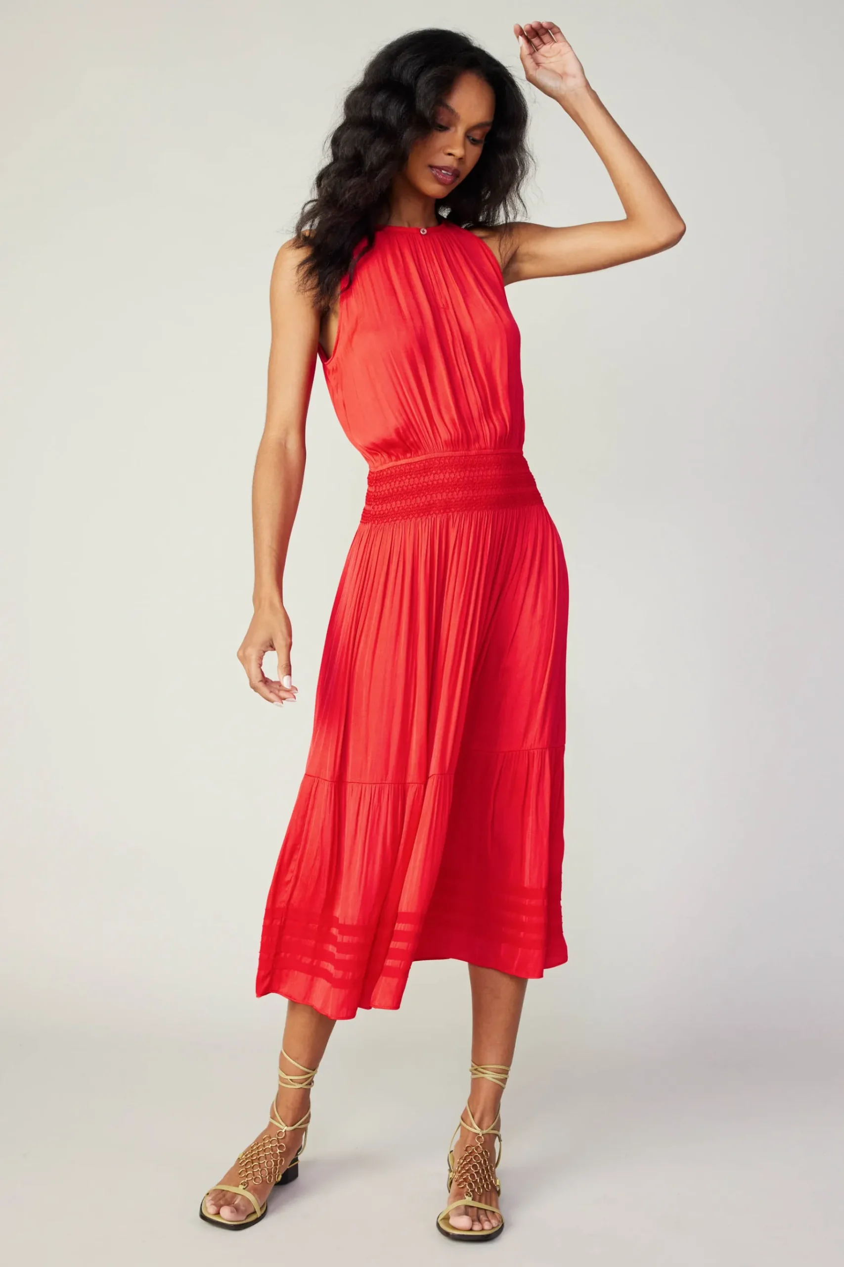 New Halter Smocked Midi Dress Women Midi Dresses