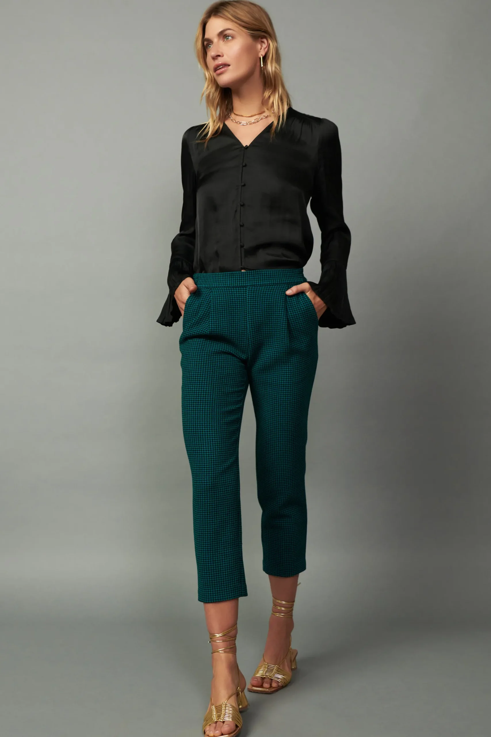 New Houndstooth Patterned Straight Pants Women Pants