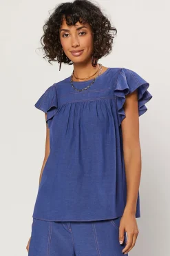 Clearance Indigo Ruffled Sleeve Top Women Short Sleeve Tops