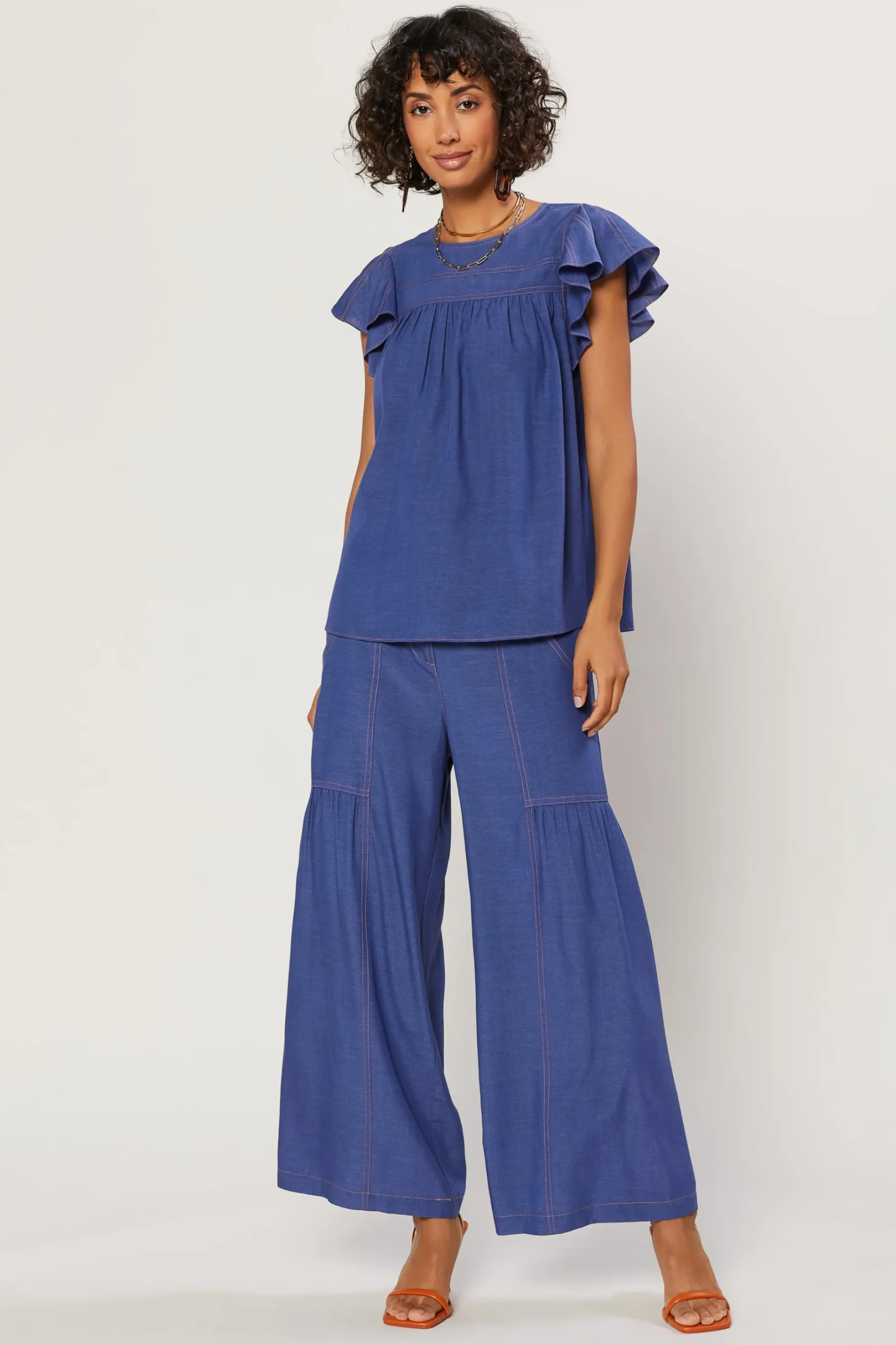 Clearance Indigo Ruffled Sleeve Top Women Short Sleeve Tops