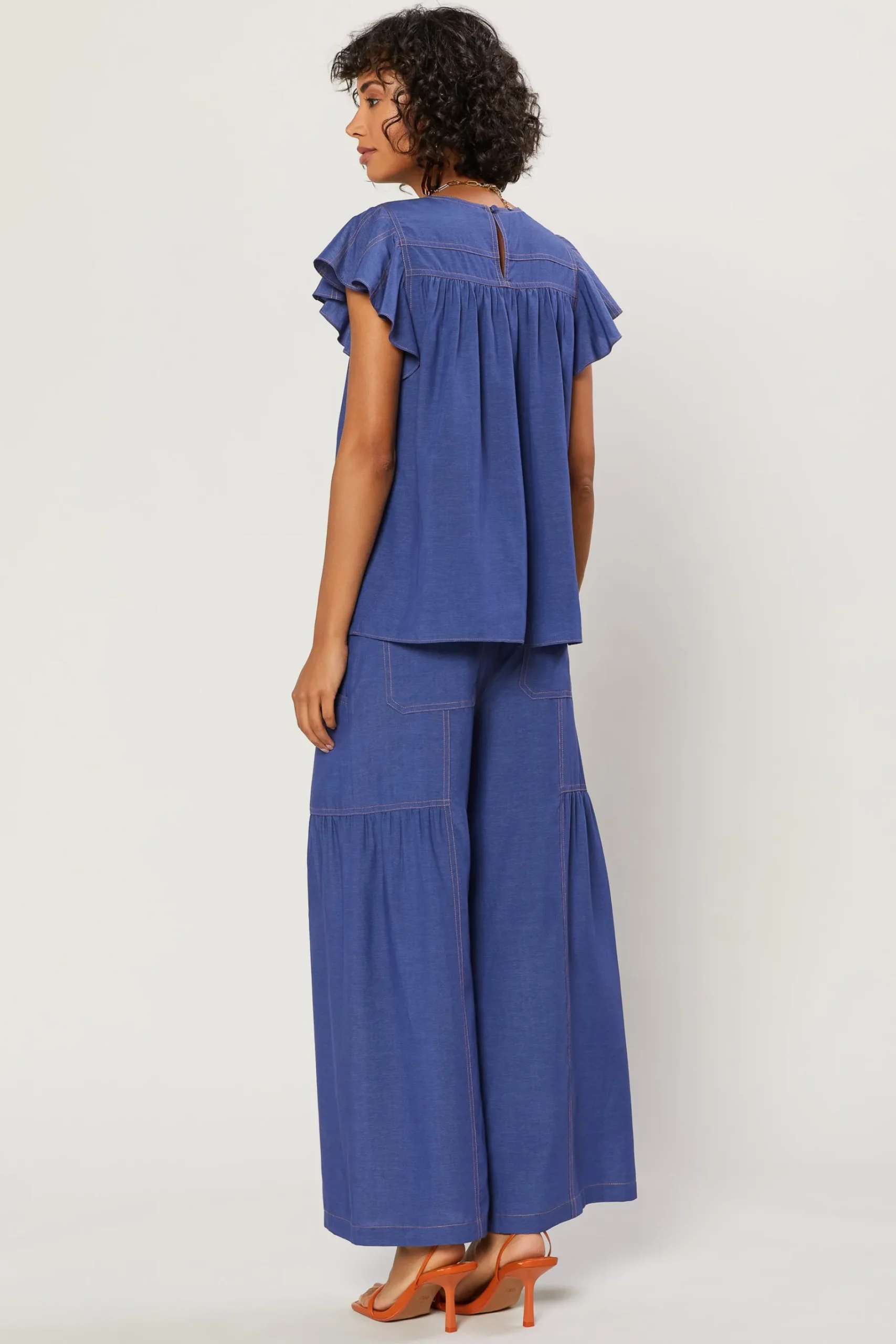 Clearance Indigo Ruffled Sleeve Top Women Short Sleeve Tops