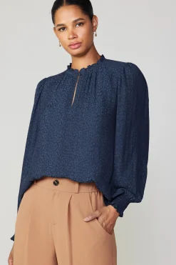 Discount Jacquard Ruffled Neck Blouse Women Long Sleeve Tops