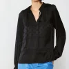 Sale Jacquard Split Neck Blouse Women Long Sleeve Tops