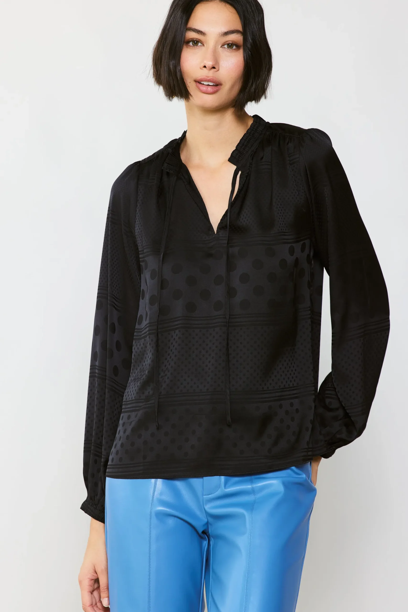 Sale Jacquard Split Neck Blouse Women Long Sleeve Tops