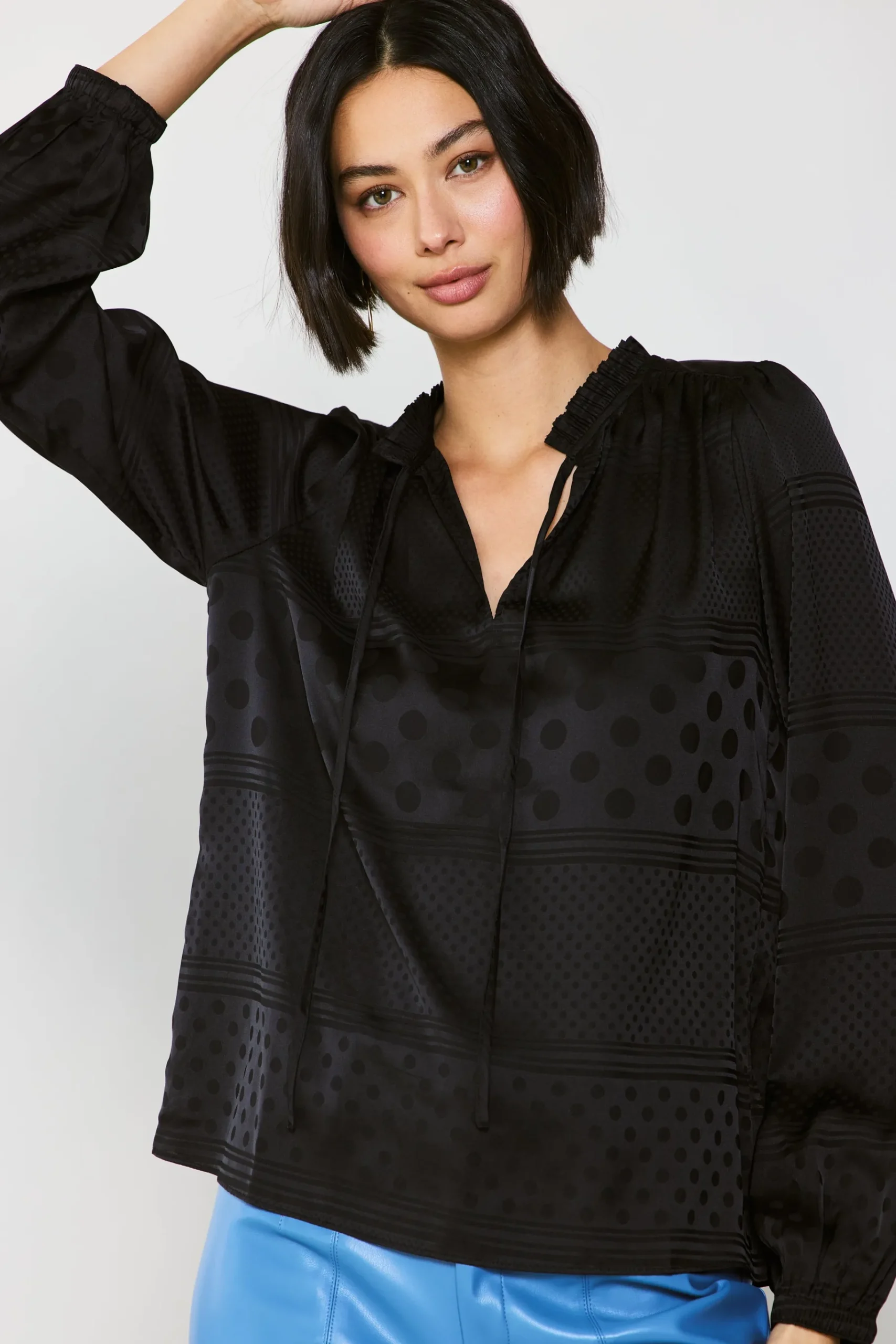 Sale Jacquard Split Neck Blouse Women Long Sleeve Tops