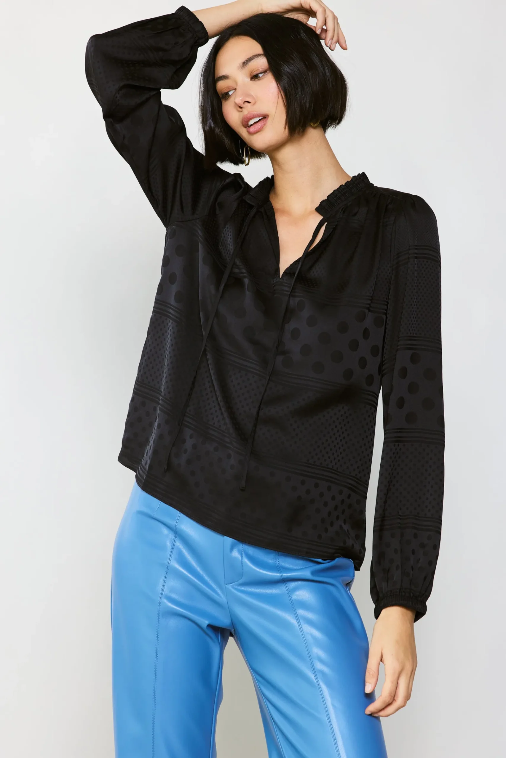 Sale Jacquard Split Neck Blouse Women Long Sleeve Tops