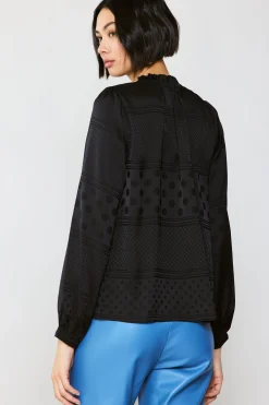 Sale Jacquard Split Neck Blouse Women Long Sleeve Tops