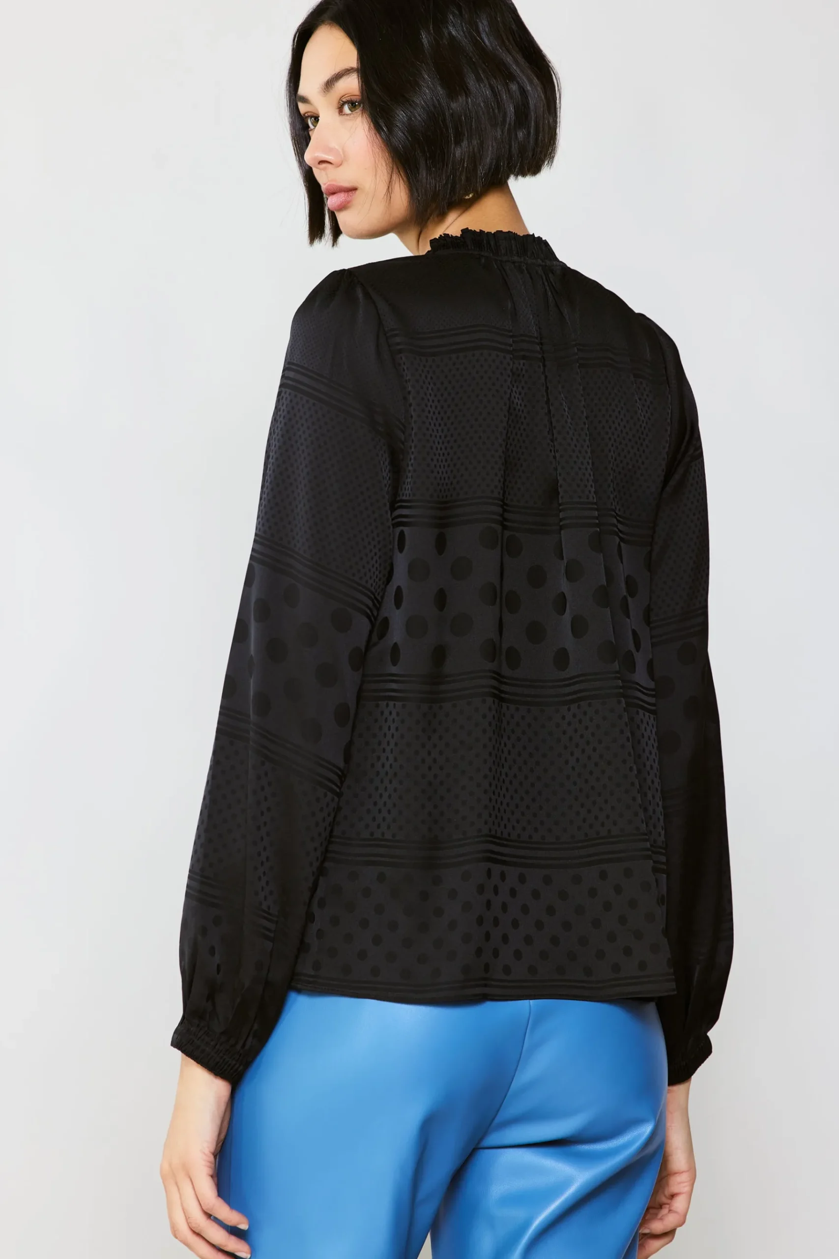 Sale Jacquard Split Neck Blouse Women Long Sleeve Tops
