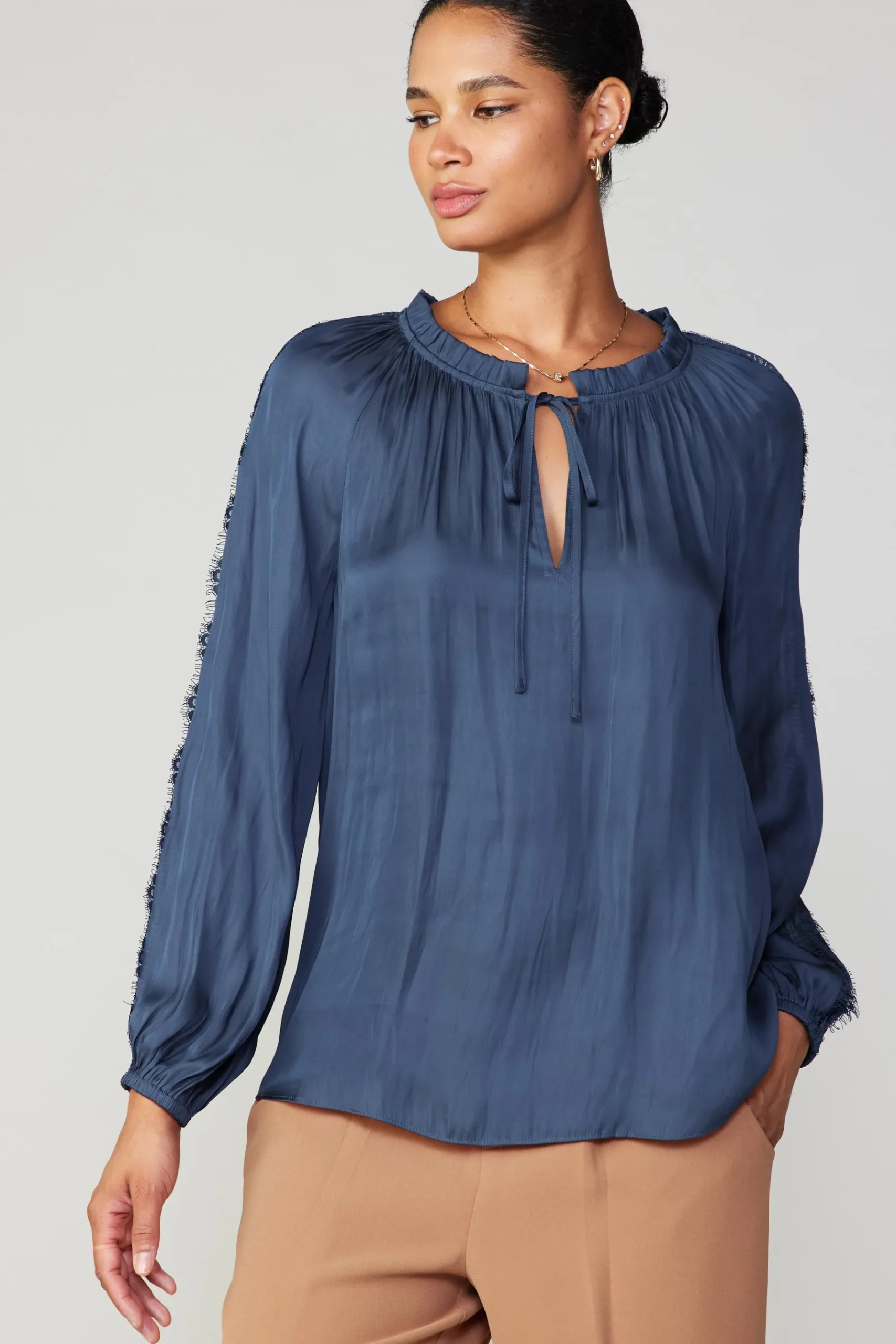 Outlet Lace Panel Blouse Women Long Sleeve Tops