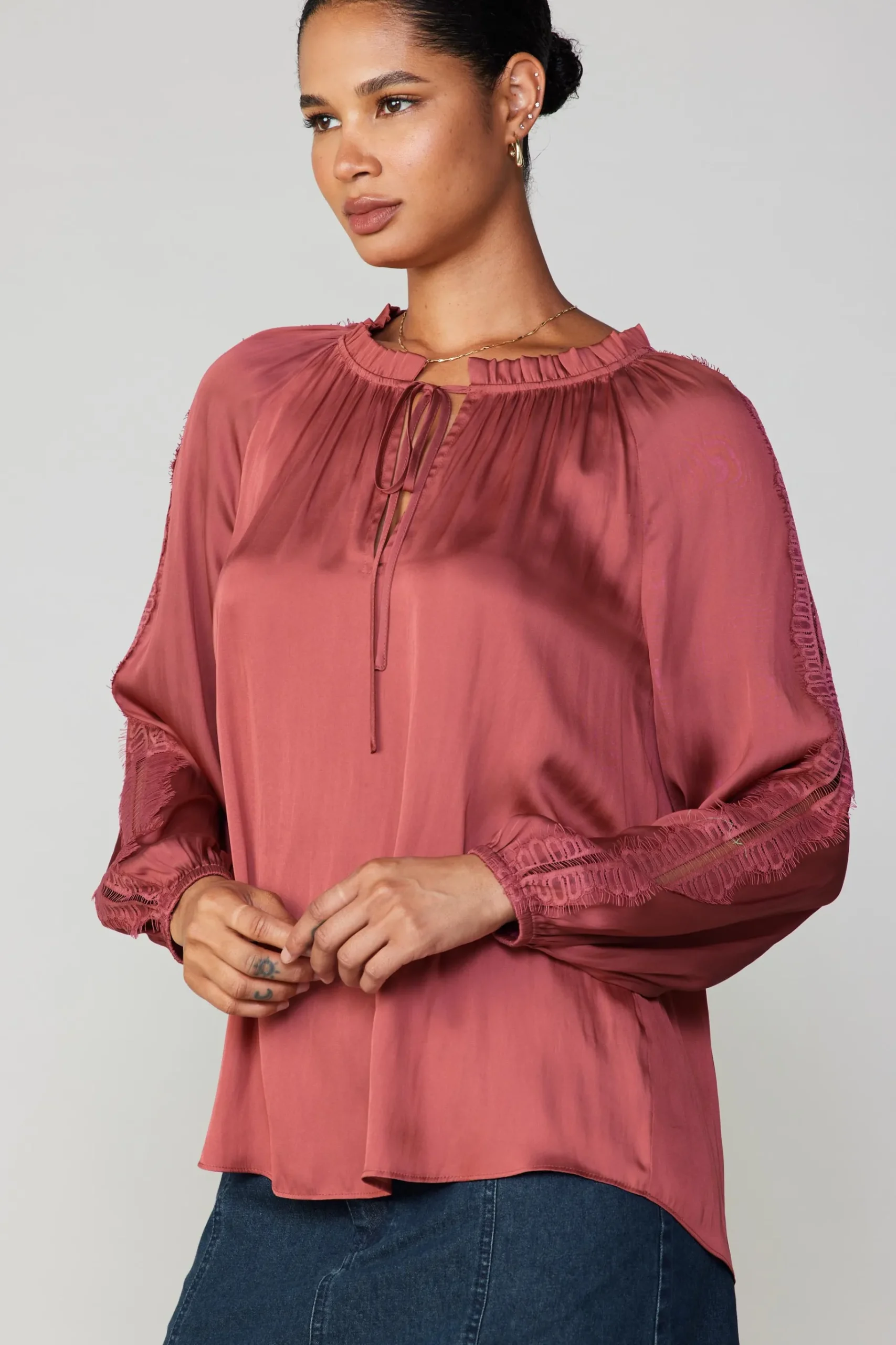 Online Lace Panel Blouse Women Long Sleeve Tops