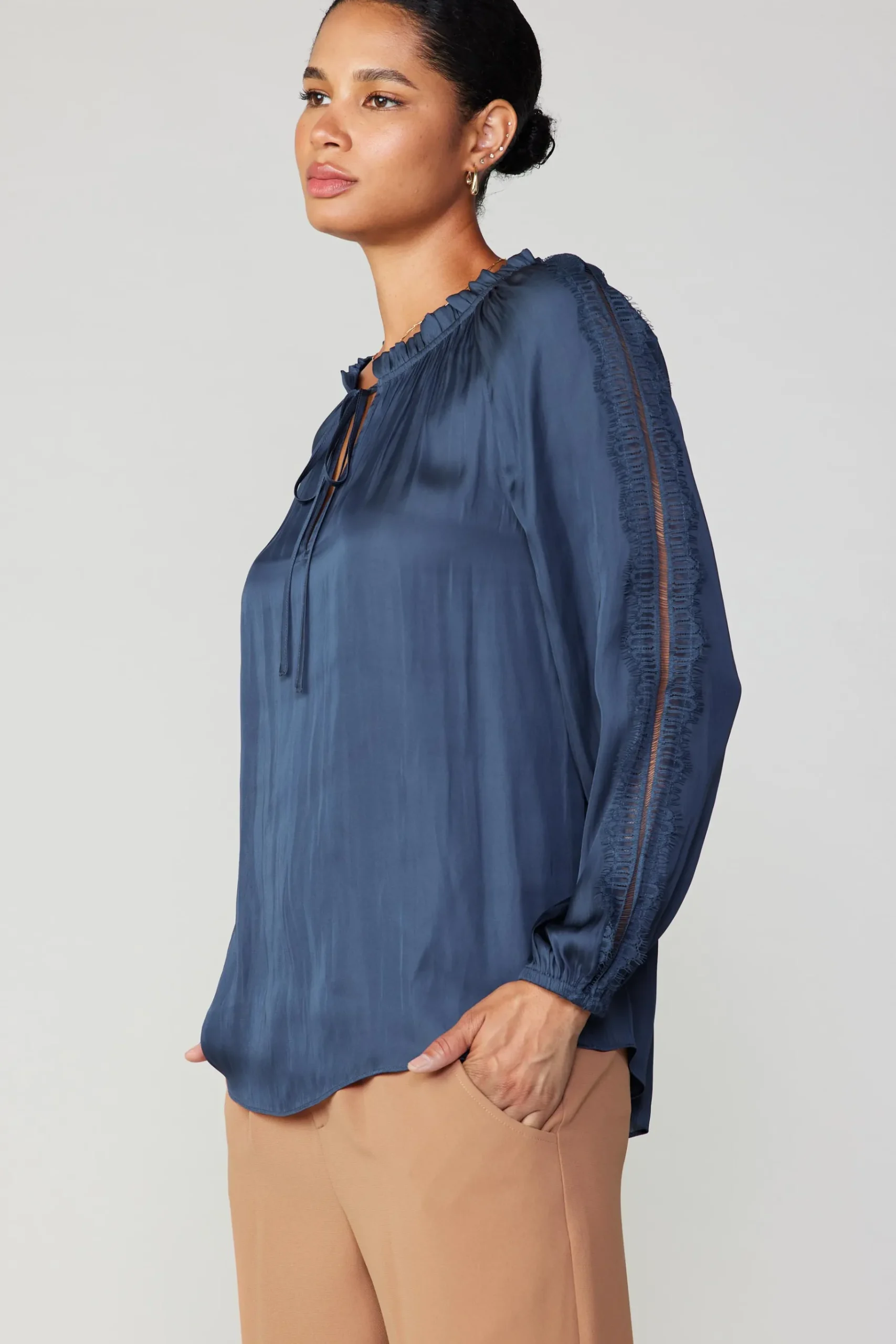 Outlet Lace Panel Blouse Women Long Sleeve Tops