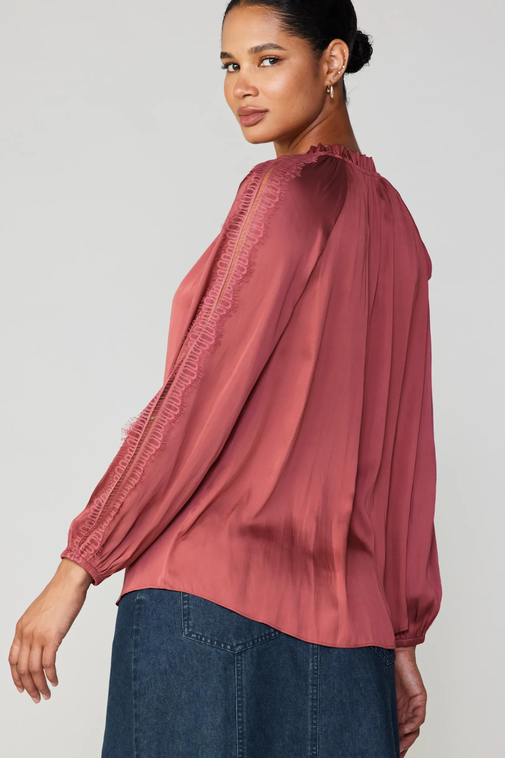 Online Lace Panel Blouse Women Long Sleeve Tops