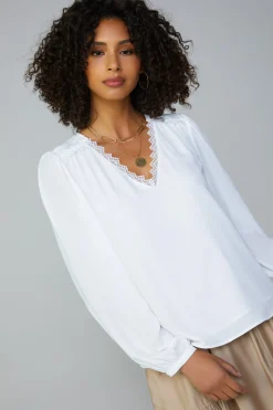 Best Lace Trim Blouse Women Long Sleeve Tops