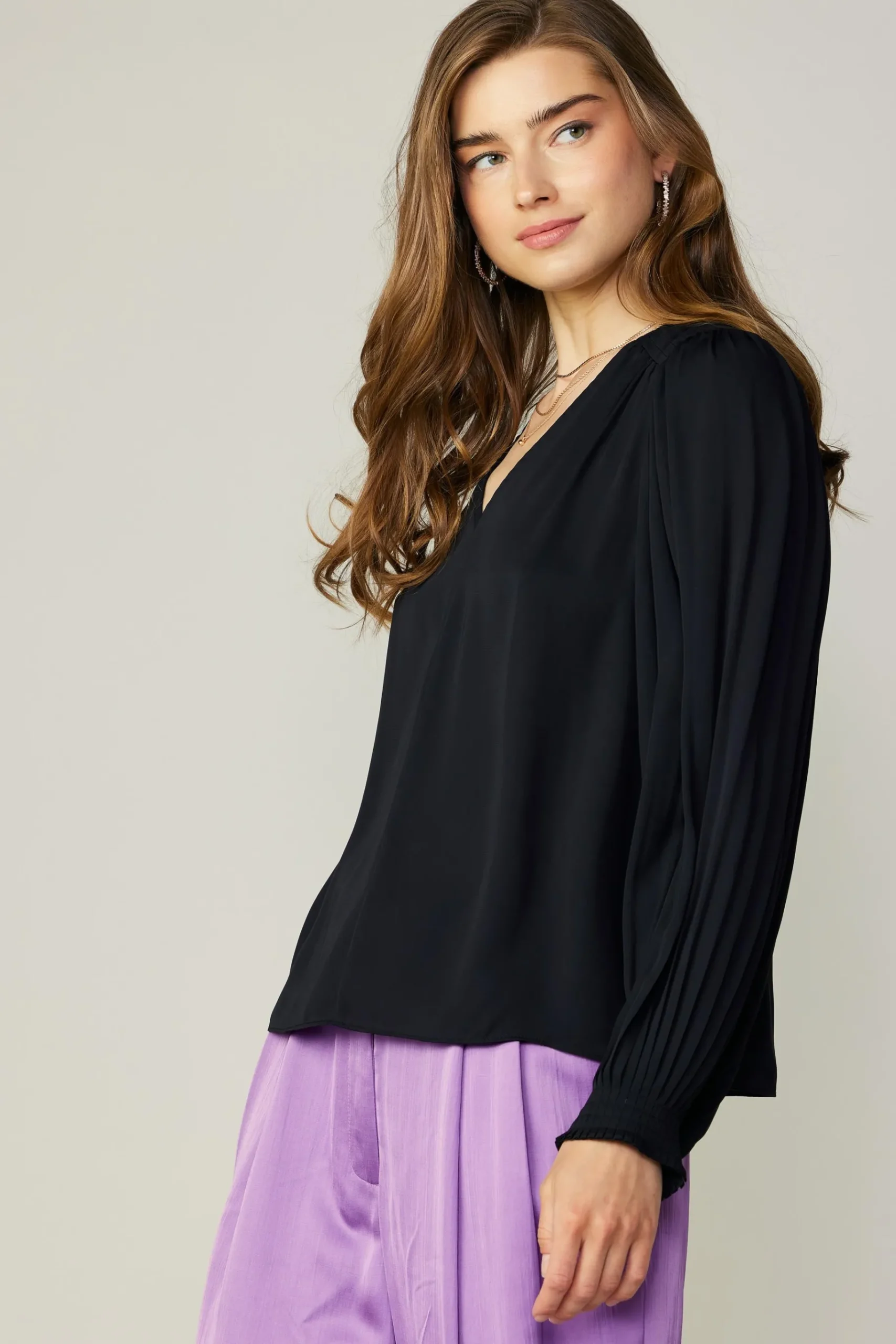 Hot Long Pleated Sleeve Blouse Women Long Sleeve Tops