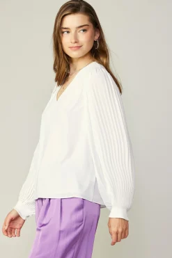 Online Long Pleated Sleeve Blouse Women Long Sleeve Tops