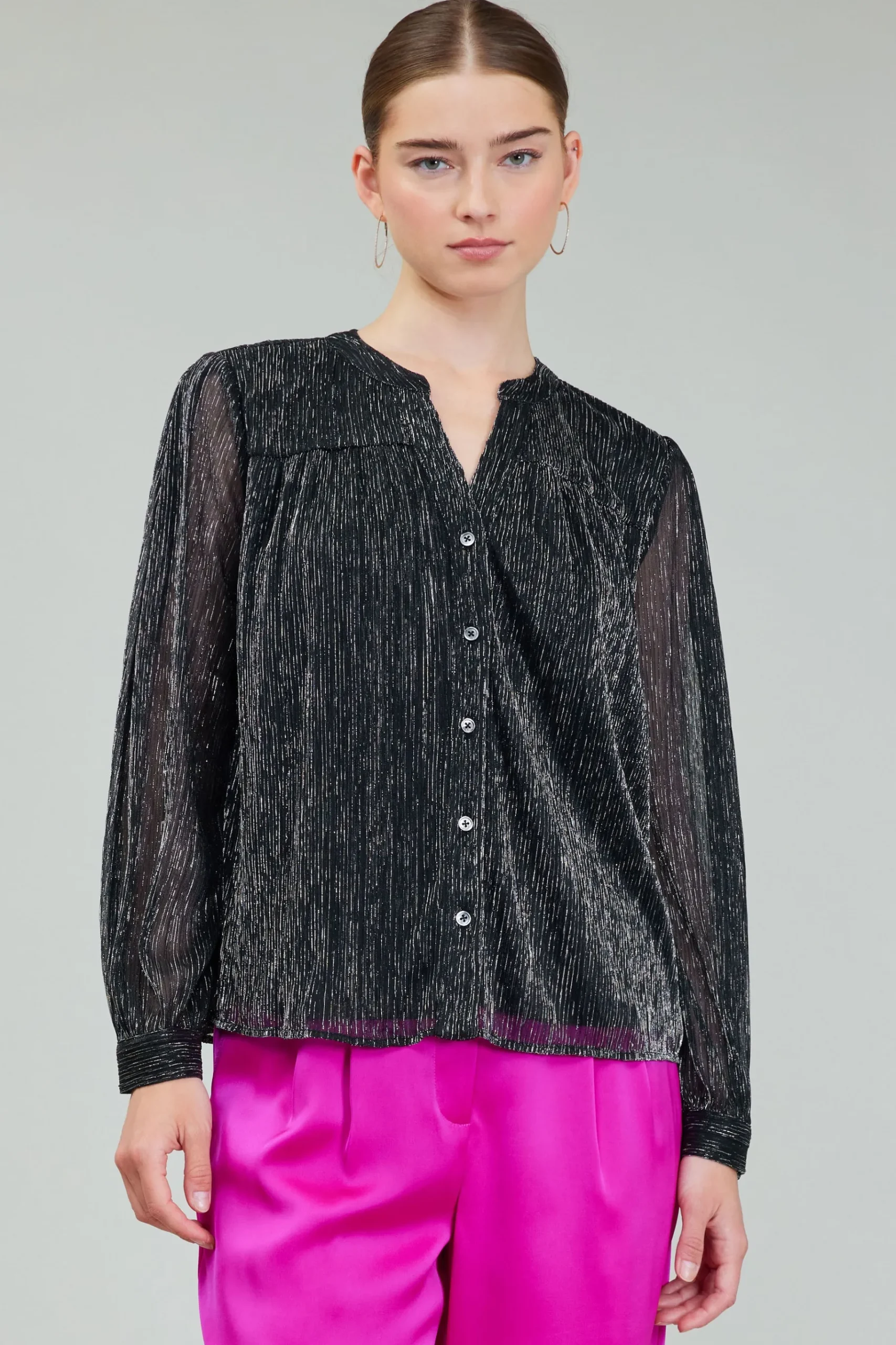 Clearance Lurex Buttonup Blouse Women Long Sleeve Tops
