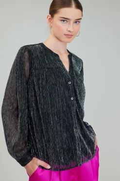 Clearance Lurex Buttonup Blouse Women Long Sleeve Tops