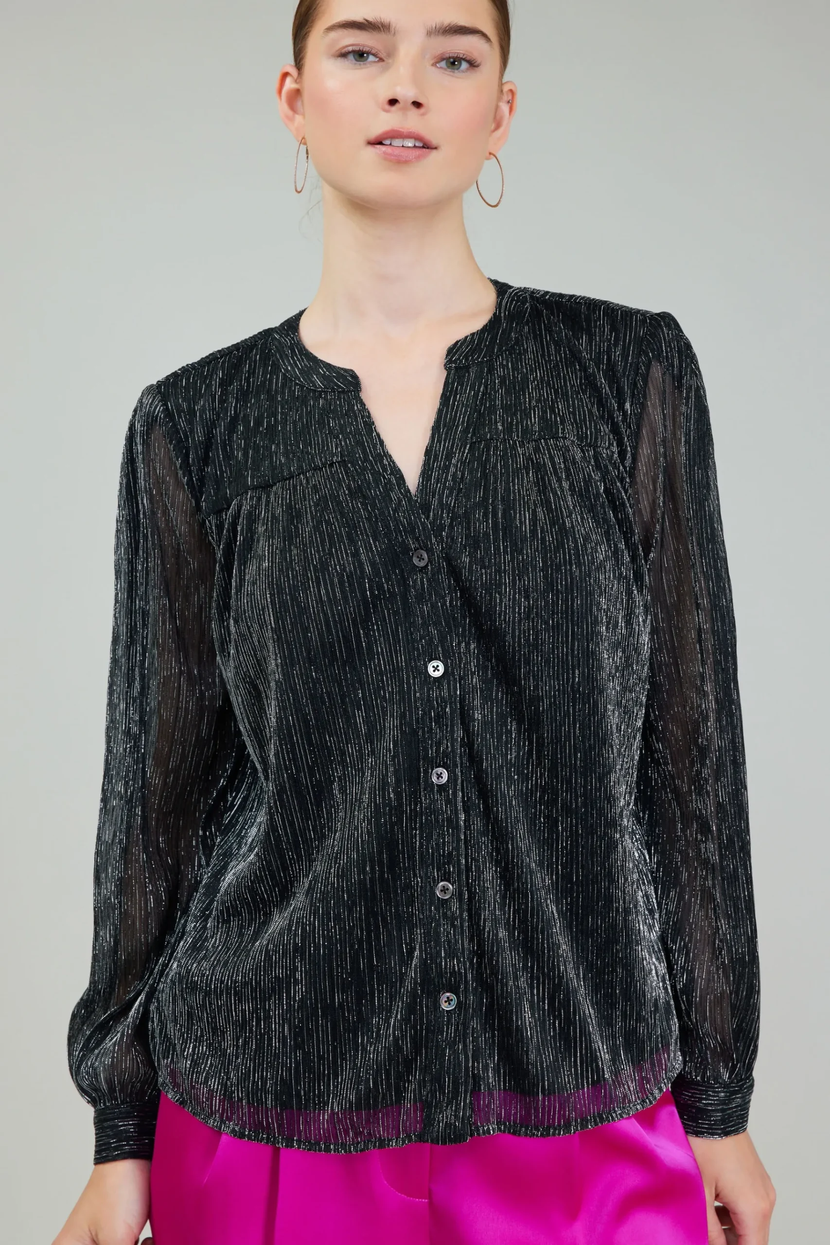 Clearance Lurex Buttonup Blouse Women Long Sleeve Tops
