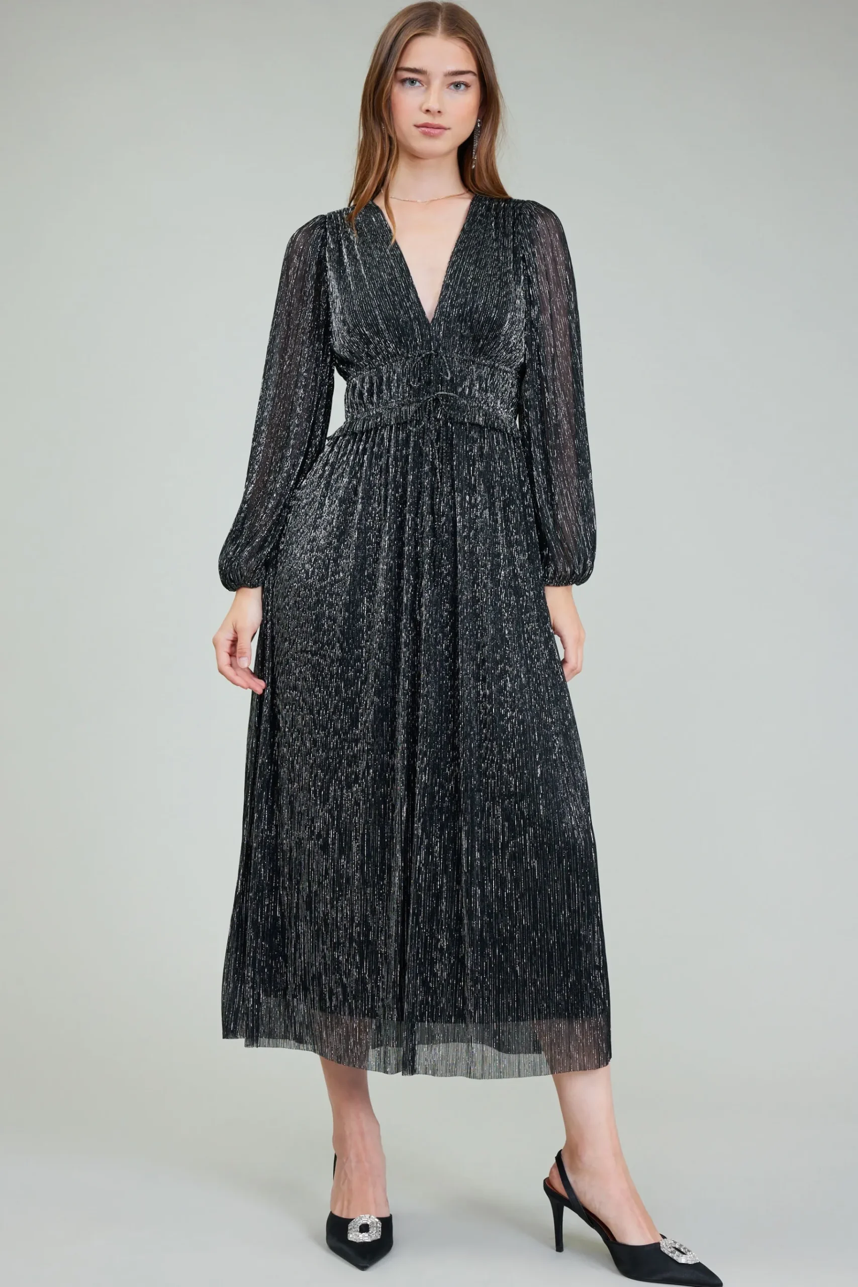 New Lurex Pleated Maxi Dress Women Maxi Dresses
