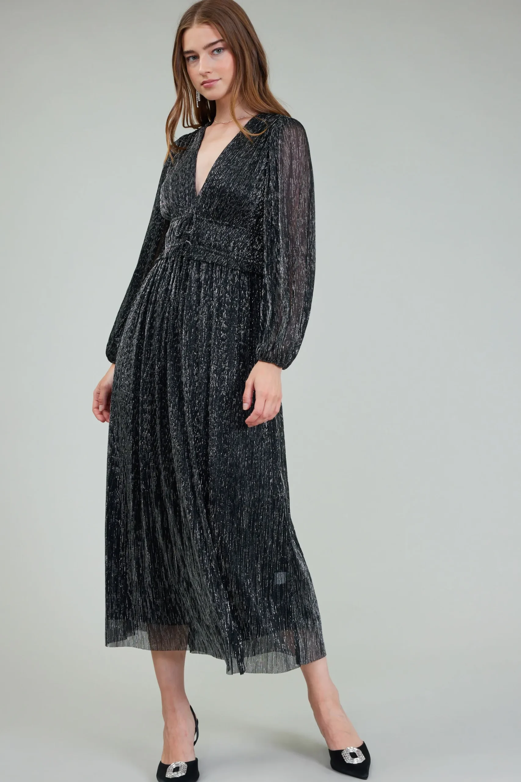 New Lurex Pleated Maxi Dress Women Maxi Dresses