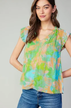 Hot Margot Abstract Pleated Sleeve Blouse Women Short Sleeve Tops